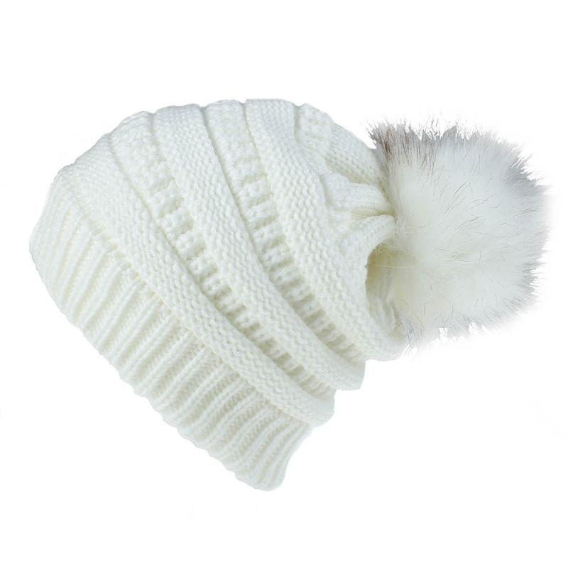 

Faux Fur Women Knit Pom Pom Hat Winter Beanies Warm Skull Ski Cap White Beige Black Grey Lt.purple Dusty Pink
