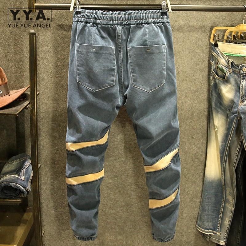 

New Autumn Mens Jeans Vintage Washed Black Denim Pants Casual Loose Elastic Lace-Up Waist Harem Pants Patchwork Fashion Trousers
