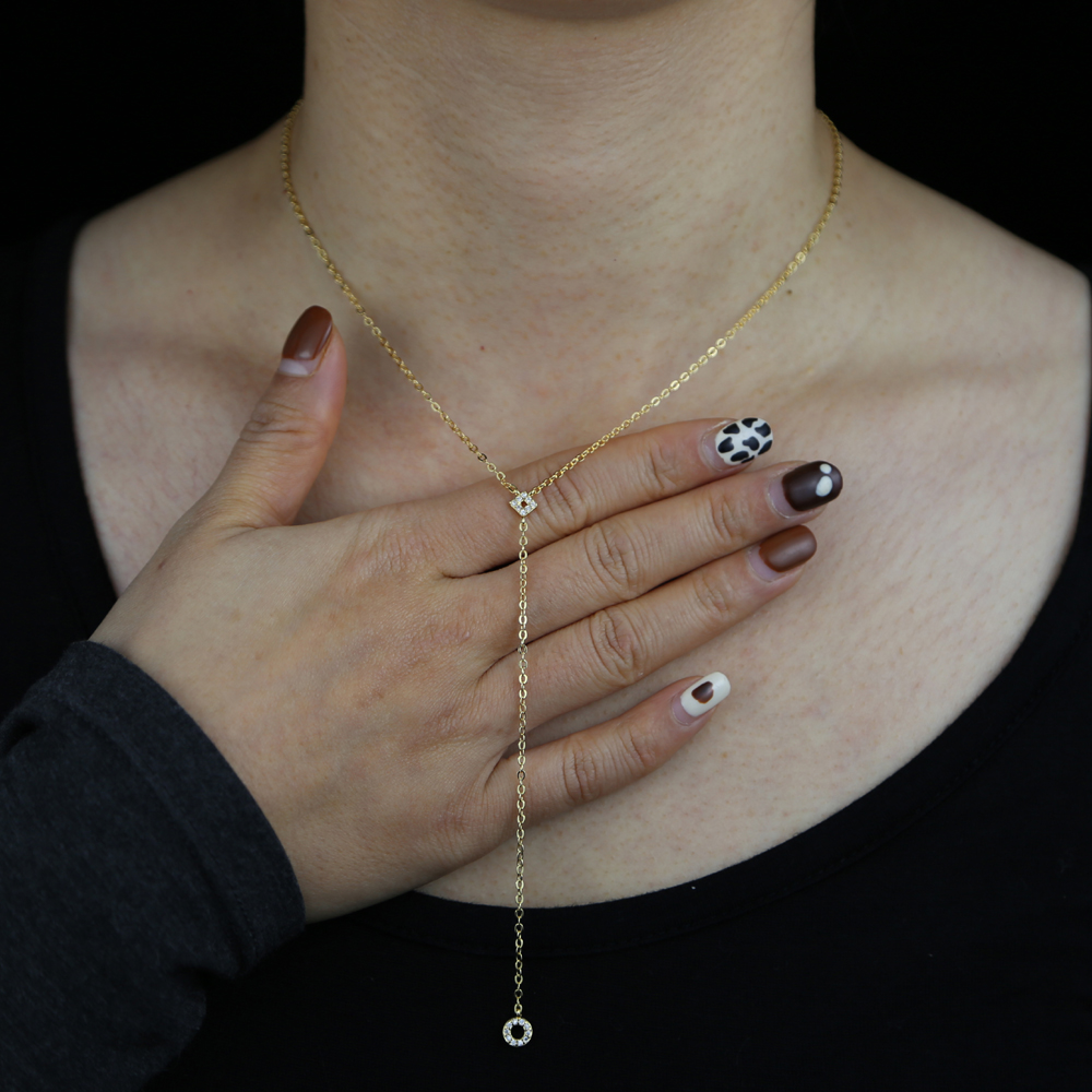 

Delicate Micro Pave Cz Tiny Cute Square Round Charm Connector Minimal Y Lariat Chain Gold Color OL LADY Jewelry Fashion Necklace