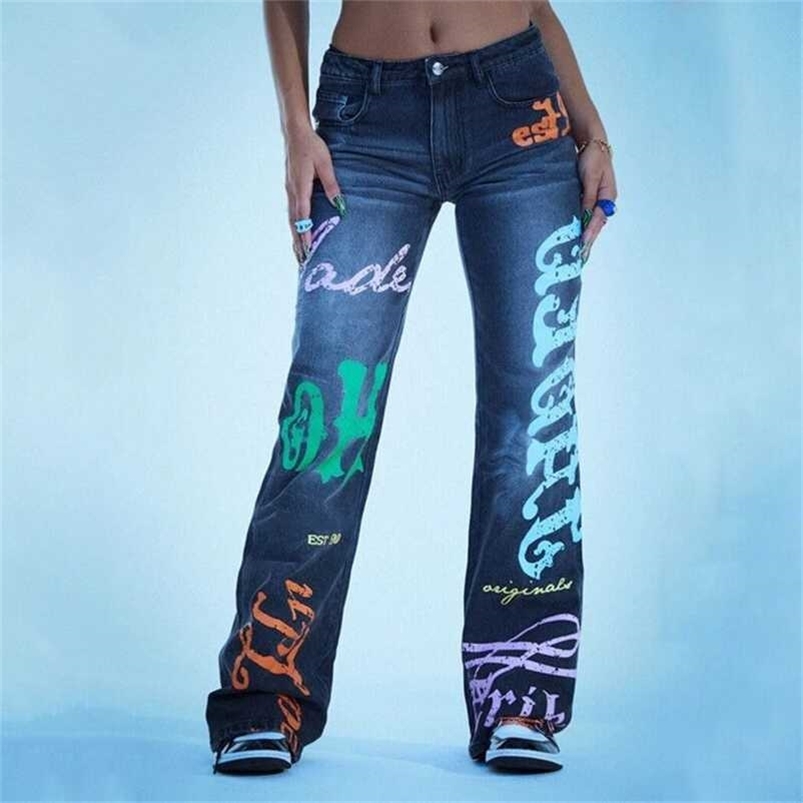 

Y2K Print Denim Pants Women's Casual Jaded High Street Jeans Women Autumn London Loose Low Rise Straight Trousers 220114, Duck blue