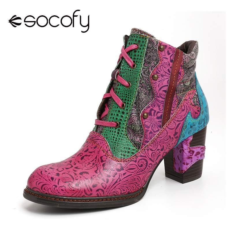 

SOCOFY Fancy Pattern Stitching Embossed Genuine Leather Zipper High Heel Short Boots Elegant Shoes Women Shoes Botas Mujer1, Pink