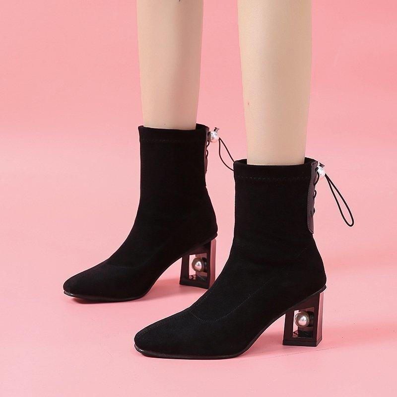 

Women Flock Thick High Heel Ankle Boots Fashion Square Toe Warm Boots Winter Shoes Plus Velvet Warm Black Botas