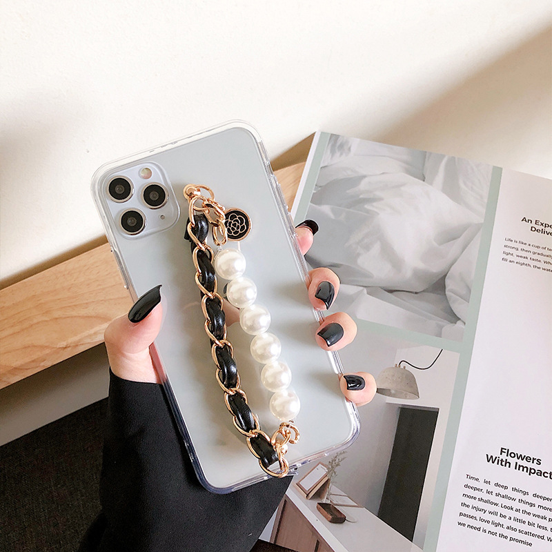 

Fashion pearl strap for iphone 11 12 case pro max x xr xs max 7 8 plus clear crystal phone case