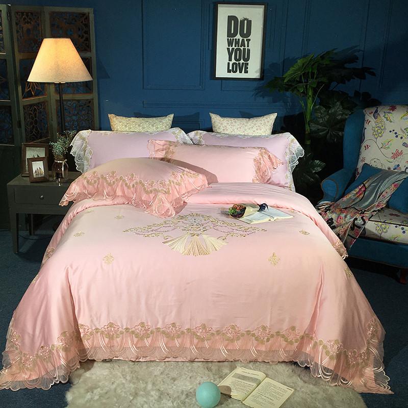 

60s Pure Cotton Satin Embroidery Lace Luxury Style Bed Set Duvet Cover Bed Sheet Pillowcases Solid Ruby Pink Big Red Blue