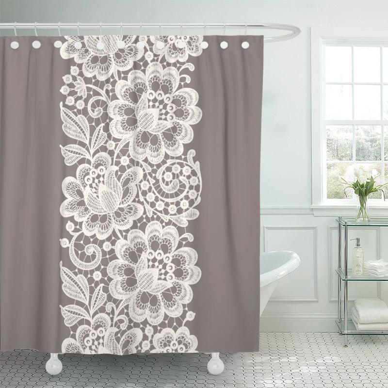 

Wedding White Lace Beige Pattern Floral Flower Rose Pastel Shower Curtain Waterproof Polyester Fabric 72 x 78 Inches Set