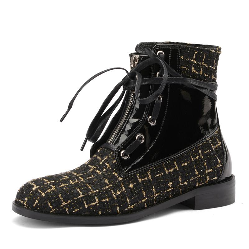 

Autumn Winter New Fashion All-match Flat Women's Shoes Handmade with Zipper Women's Boots Plush Round Toe knitting Ankle Boots, Black