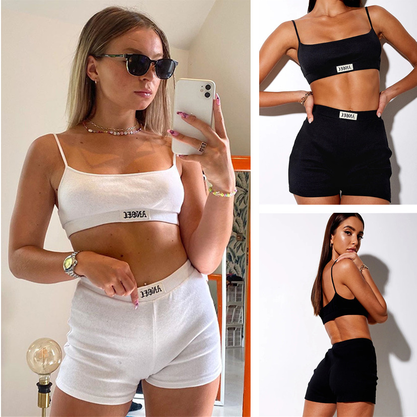 

2021 New English label rib string suspender Shorts Set women' summer Hot selling Street sportswear Sexy Yoga Sportsuit Workout Outfit Suit, White