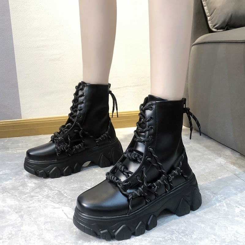 

Rimocy Black Punk Style Platform Women Ankle Boots Fashion Cross Strap Chunky Heels Boots Woman Waterproof Pu Leather Shoes 201104