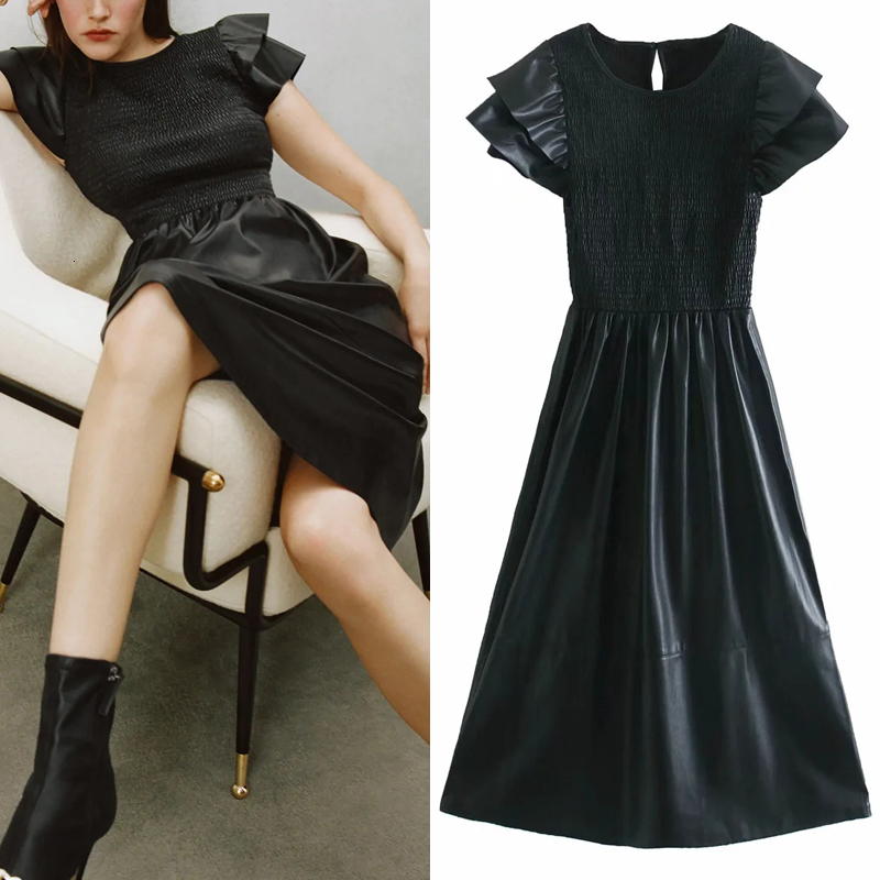 

2021 New Black Faux Leather Midi Women Vintage o Neck Ruffle Short Sleeve Elastic Ruched Dress Woman Flared Hem Dresses 7053