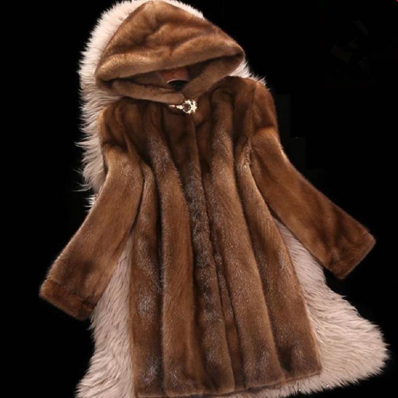 

High imitation coat faux fur jacket female winter new long hooded mink outwear long sleeve slim overcoat L1316 freeship, Dark brown