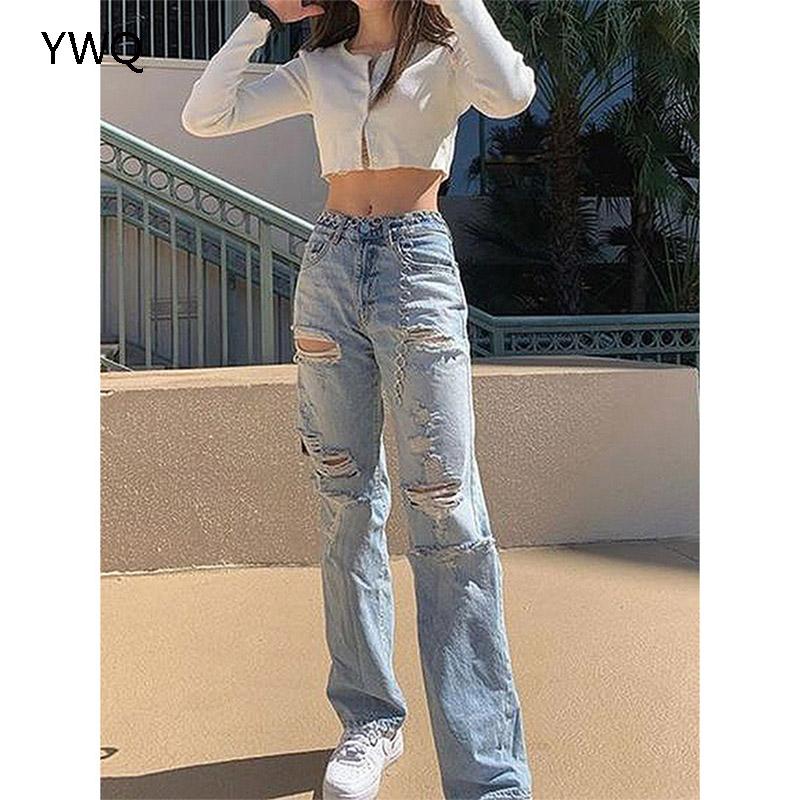 

Baggy Jeans Ripped Straight Pants Women New Fashion Jeans High Waisted Vintage Loose Hole Cargo Chain Denim Trousers For Women, Blue