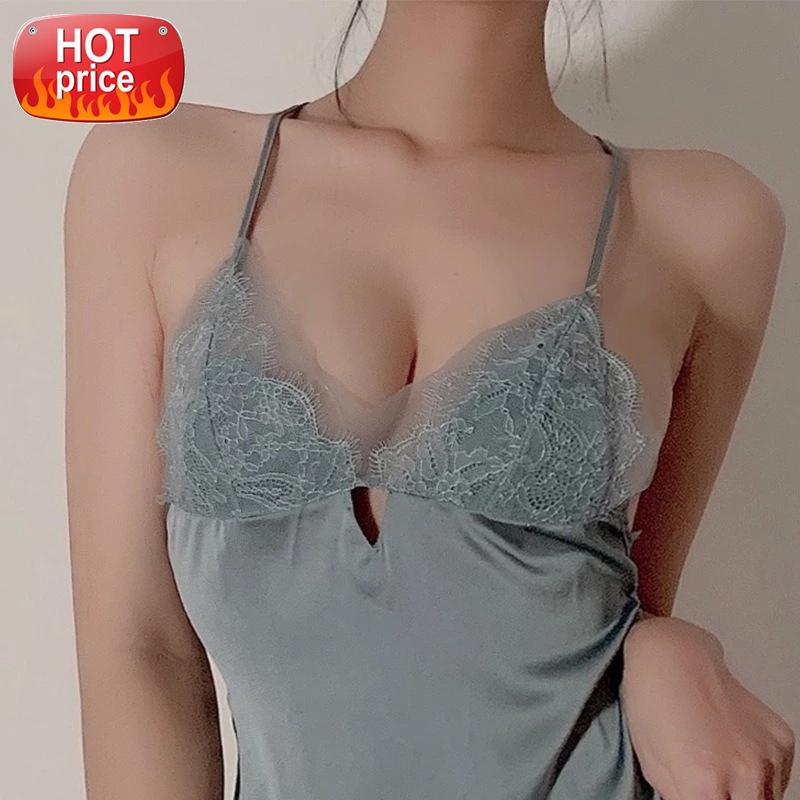 

French Sexy Silk Sleepwear Black Blue Lace Lingerie for Women See Through Ruffles V Neck Sling Sleeping Dress Nightgown Pijamas #HT2e, Black;white