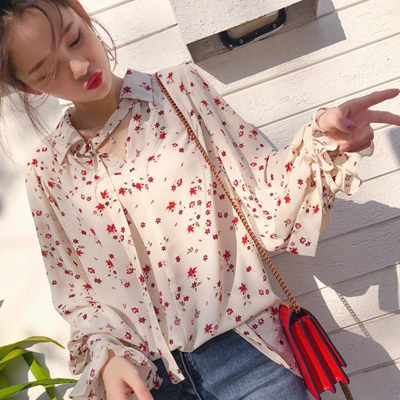 

2019 Fashion Autumn Women Apricot Floral Chiffon Blouse Casual Long Sleeve Tops Blouse Korean Turn Down Collar Blouses1, As pic