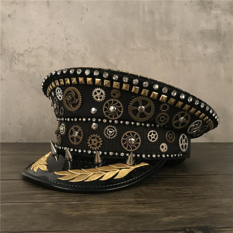 

Steampunk Hat Germany Officer Visor Cap Gears Spikes Steampunk Hat Army Punk Cap Cosplay Size S M L XXL1, Gold yj