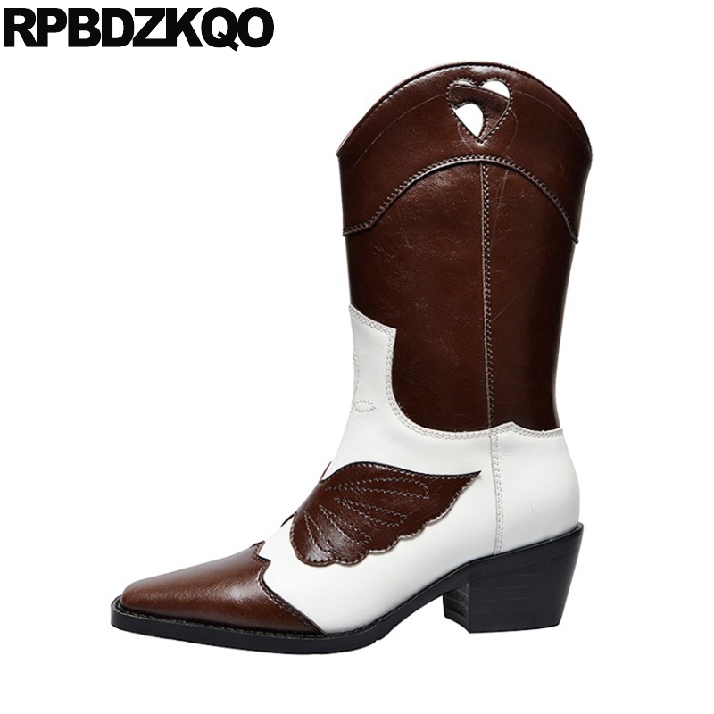 

2020 block mid calf shoes women cowgirl high quality wide chunky genuine leather brown square toe western boots cowboy patchwork