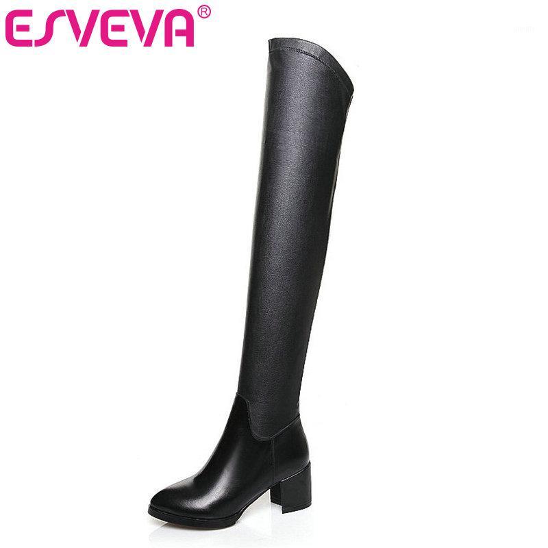 

ESVEVA 2020 Women Women Over The Knee Boots Boots Square High Heel Elastic Slip On Fashion Motorcycle Size 34-431, Black