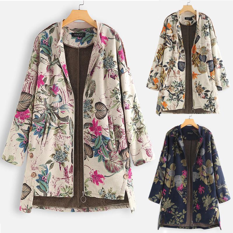 

Plus Size Female Jacket Plush Coat Women' Windbreaker Winter Outwear Floral Print Hooded Pockets Vintage Oversize Coats 2020, Orange