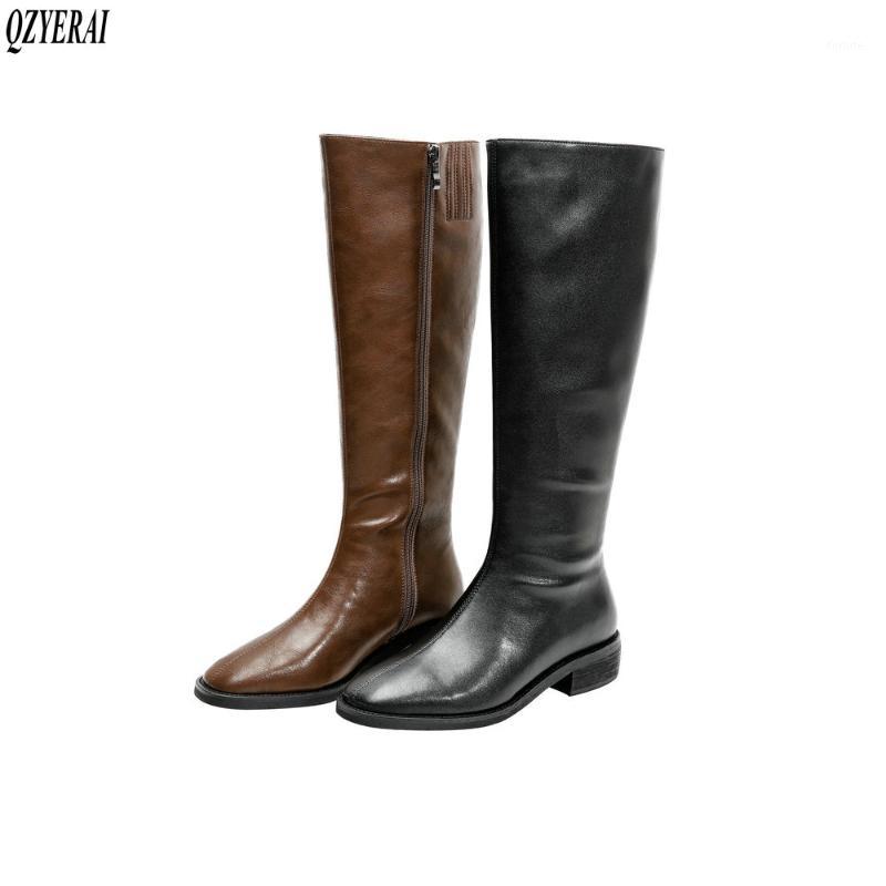 

2021 Winter New style Genuine leather Knee high boots Women boots Motorcycle Female warm cowhide Women shoes1, Black