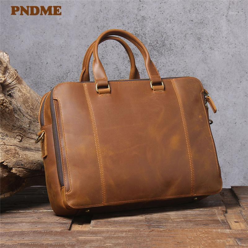 

PNDME vintage natural genuine leather men's briefcase luxury laptop handbag work shoulder messenger bag1, Brown