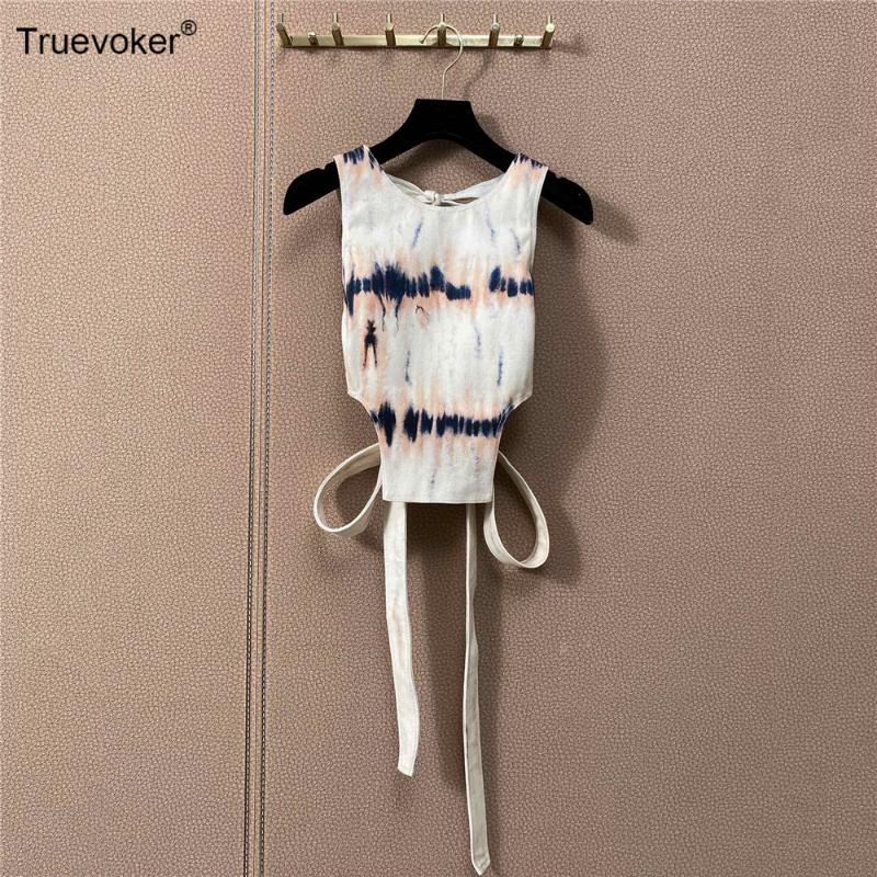 

Truevoker Runway Fashion Lady Sexy Camis Female Round Collar Sleeveless Backless Abstract Print Cotton Tops Tank, As pic