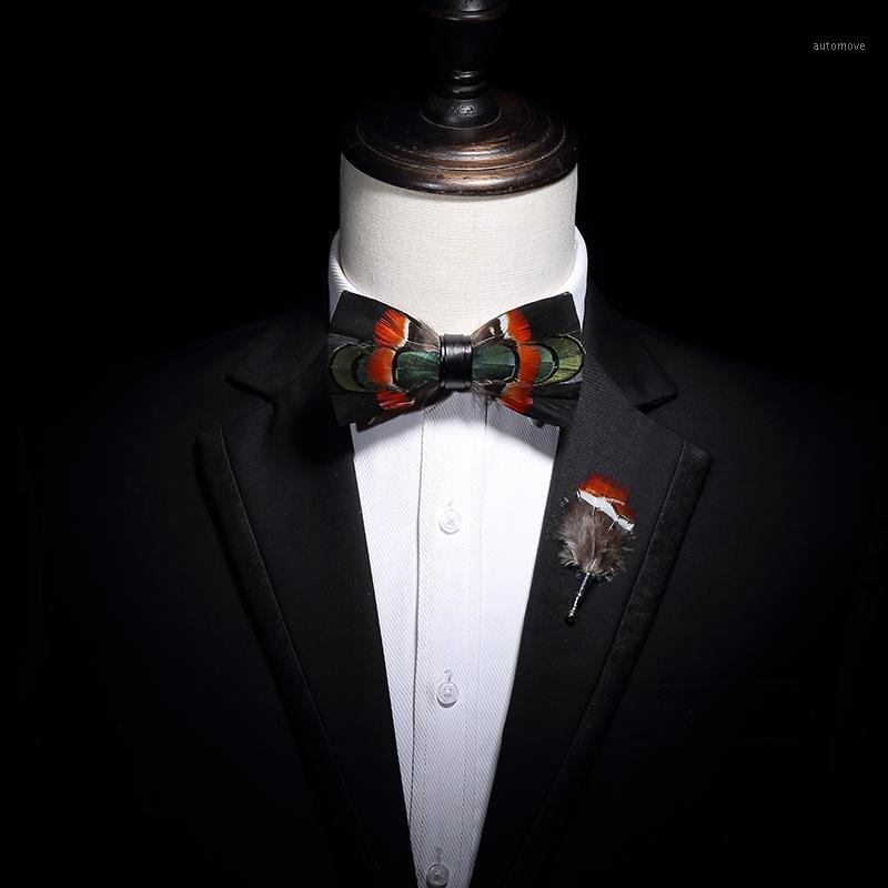 

free shipping new fashion men's male High-end feather bow tie brooch set green Western Europe groom party DJ ball wedding party1