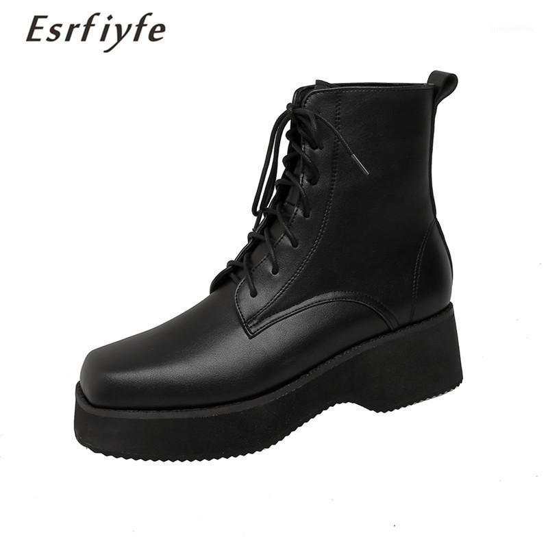 

ESRFIYFE 2021 New Antumn Winter Women Ankle Boots Thick Heels Platform Shoes Woman Lace Up Light Boots Large Size 34-471, Brown