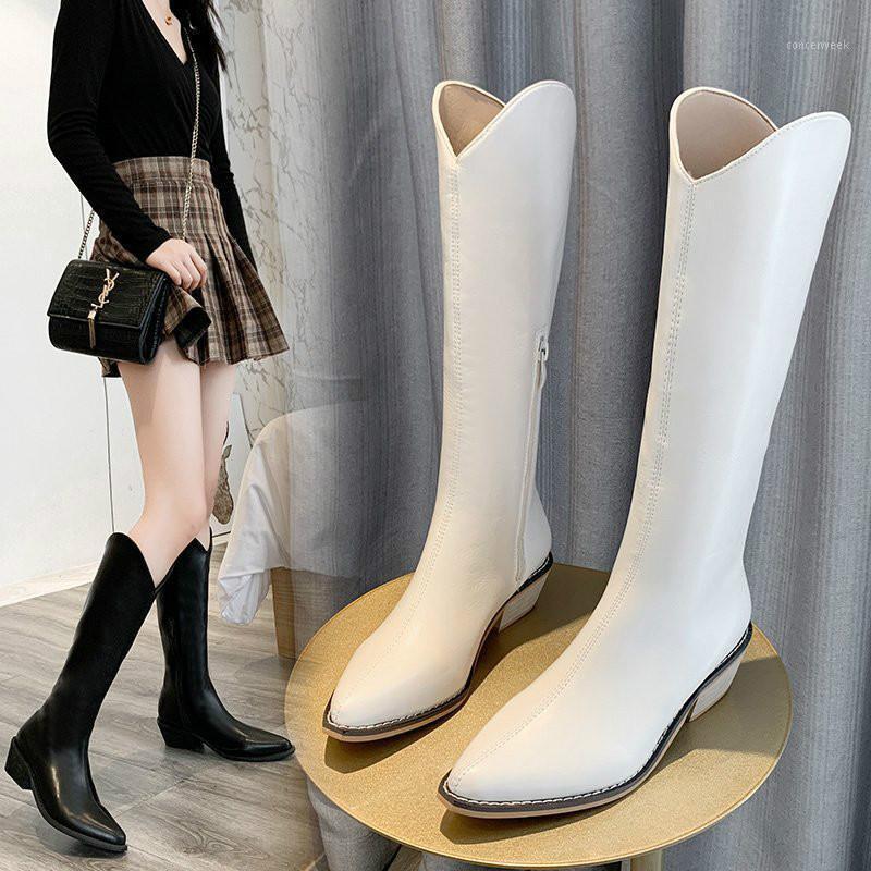 

2020 autumn and winter small beige retro British high heels thick heel pointed high barrel western cowboy boots women boots -401