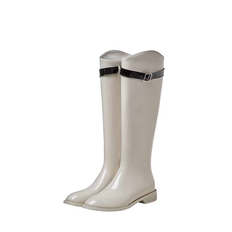 

Prova Perfetto Knee-High Black And White Fashion Woman boots Genuine Leather Woman Shoes Soft Rain Boots with Buckle Strap Shoes