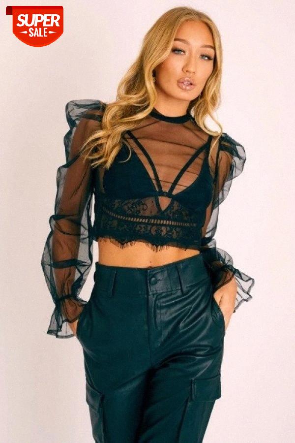 

Women Sexy Sheer Summer See Through Top Mesh Long Sleeve T-shirt Shirt Puff Sleeve Short Tops #7A6K, White