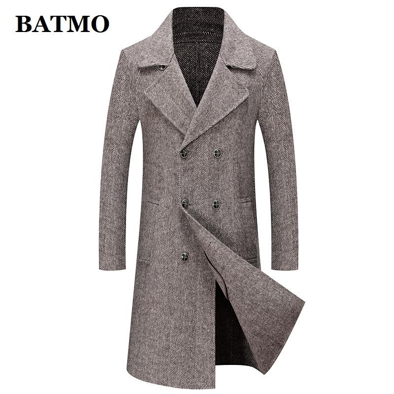 

BATMO 2020 new arrvial high quality Herringbone wool Double Breasted long trench coat men,jackets 8080, Gray