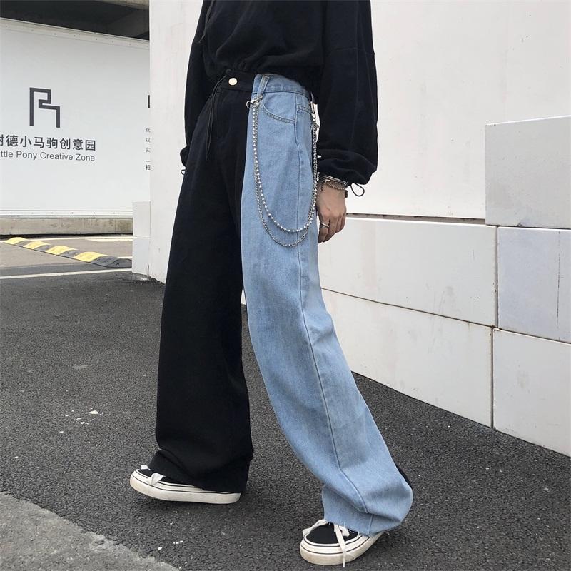 

New Autumn Gothic Women Jeans High Waist Contrast Black with Blue Jeans Pants Female Cool Punk Loose Wide Led Pants Mujer