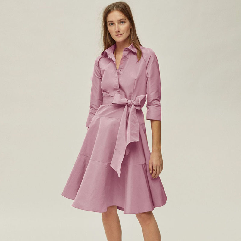 

Spring/summer 2021 New Female Single Breasted Belt Medium Sleeve Thin Temperament Fashion Shirt Dress High Quality Elegant 1wya, Pink.