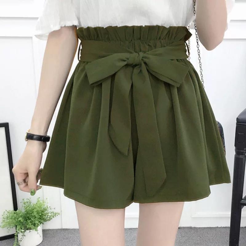 

Fashion Shorts Women Korean Style Casual Chic Simple All-match Shorts Loose Elastic Waist Solid Sashes Wide Leg Pantskirts, Black