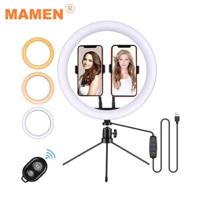 

MAMEN 10 inch 12 inch Selfie Ring Light With Tripod Dual Phone Holders Photography Lighting For Phone Makeup Youtube Fill Light