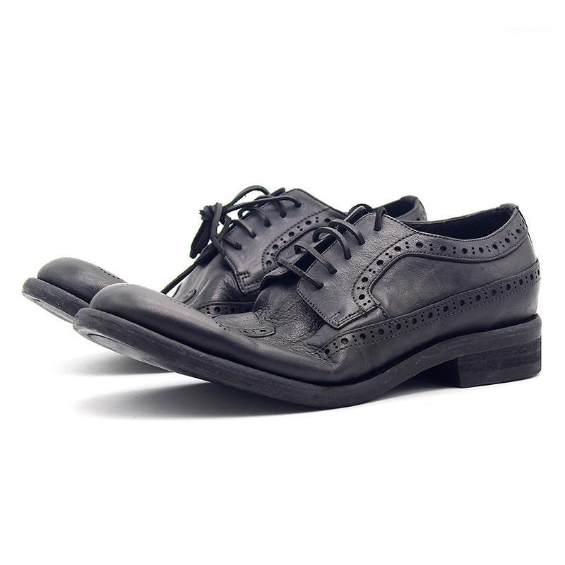 

Goodyear Brogue Carved Leather Shoes Flat heel Handmade Mens Oxfords Lace up Mens Formal Business Shoes1, Black