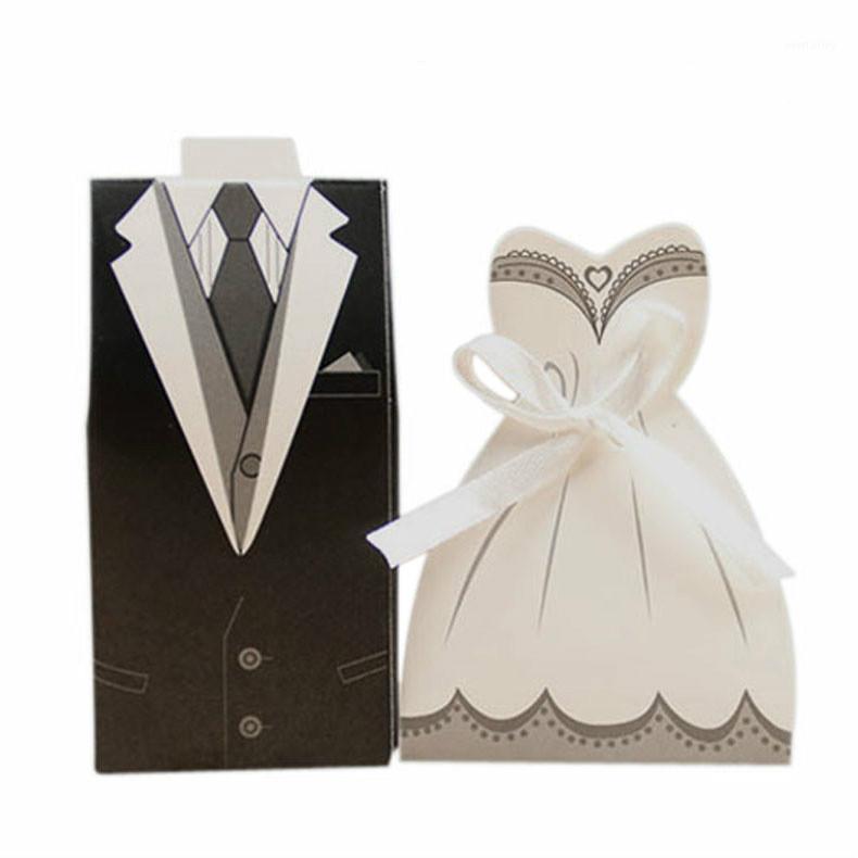 

100pcs Candy Boxes Bags Bridal Groom Gift Cases Tuxedo Dress Gown Candy Box Wedding Favors and Gifts with Ribbon1