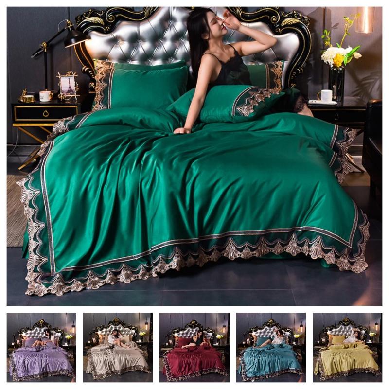

2021 Luxury 2 or 3 or 4pcs Lace Silk Bedding Set Satin Duvet Cover Set with Flat Sheet Closure  Queen King 8 Patterns46