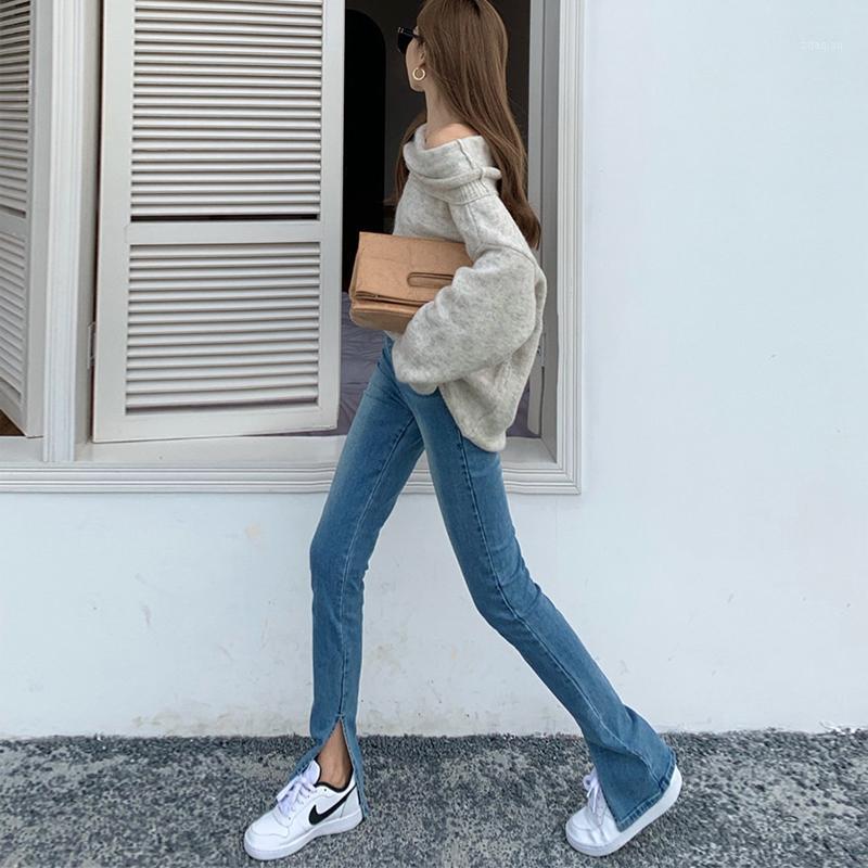 

Autumn split high waist pull up jeans woman skinny leisure straight pants denim mujer slim mop the floor trousers blue -L1
