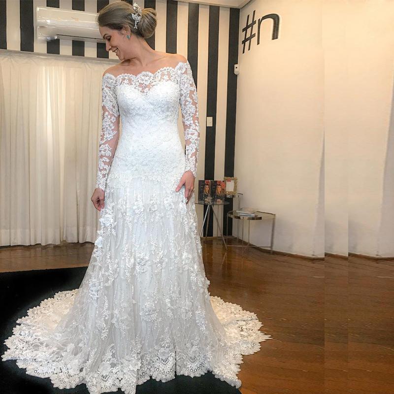 

Custom Long Sleeves Lace Mermaid Wedding Dresses 2021 with Appliques Sweep Train Plus Size Bridal Gowns vestidos de novia, White