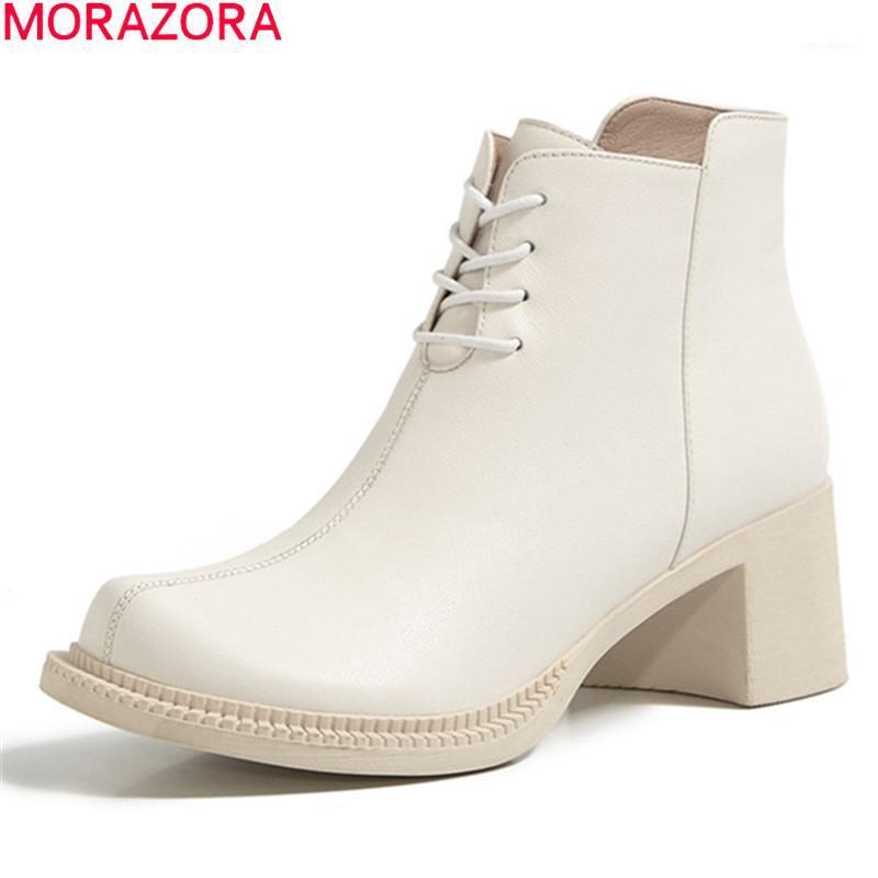 

MORAZORA 2020 Genuine leather boots thick heels square toe ladies shoes autumn winter fashion lace up solid color ankle boots1, Black