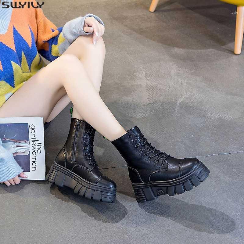 

SWYIVY Leather Boots Women Round Toe Casual Shoes Woman 2020 Warm Winter Shoes Women Boots Platform Short Plush Ladies Booties1, Black