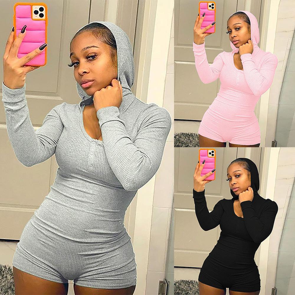 Women Jumpsuits Casual Sports Hooded Long Sleeve Rompers New Ladies Fashion T Shirt Party Bodycon Shorts Clothes-image-601386390