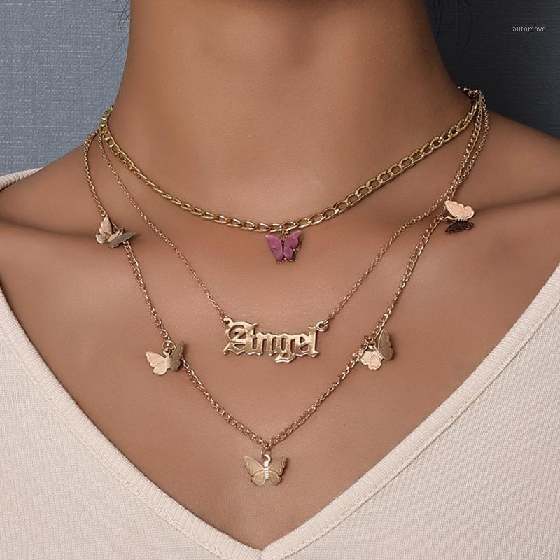 

Bohemian Women Fashion Gold Letter Angel Clavicle Necklace for Women Sweet Butterfly Multilayer Choker Necklace Party Jewelry1