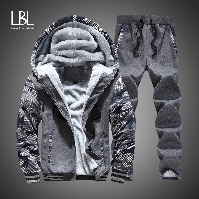 

New Winter Tracksuits Men Set Thick Fleece Hoodies+Pants Suit Zipper Hooded Sweatshirt Sportswear Set Male Hoodie Sporting Suits 201201, Black d38