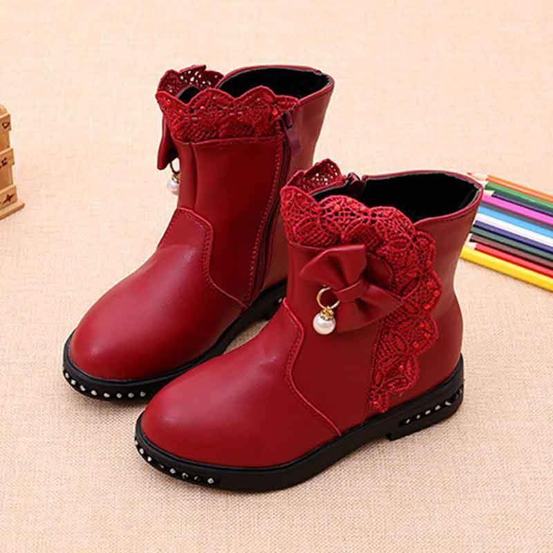 

Girls Spring Winter Short Boots Pu Leather Ankle-length Boots for Princess Kids Slip-resistant Warm Plush Baby Flat Shoes #27-371, Black