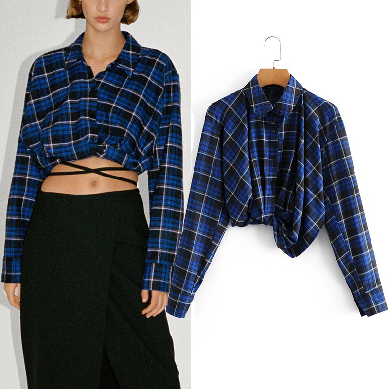 

2021 New Blue Plaid Crop Top Women Ruched Long Sleeve Collared Button Up Shirt Woman Fashion Streetwear Casual Tops 8djq