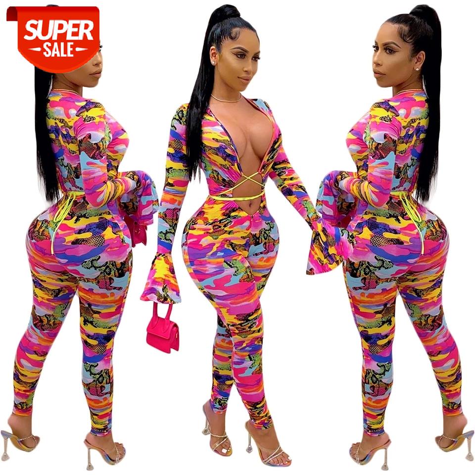 

Sexy Geometry Print V-Neck Long Flare Sleeve Hollow Out Bandage Night Party Club Skinny Jumpsuit Women Outfit Rompers Overalls #1U3b, Black;white