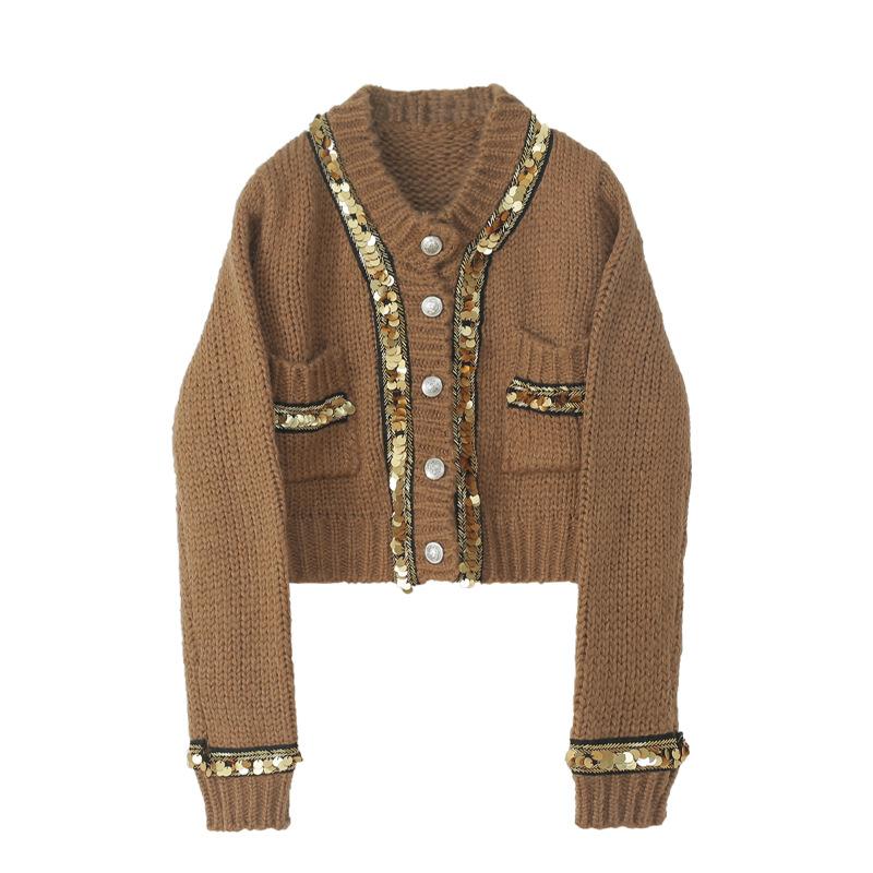 

Sequined Pockets Vintage Sweater Jackets Long Sleeve Women Tops Retro Casual Knitted Cardigan Outerwears T52002, Khaki
