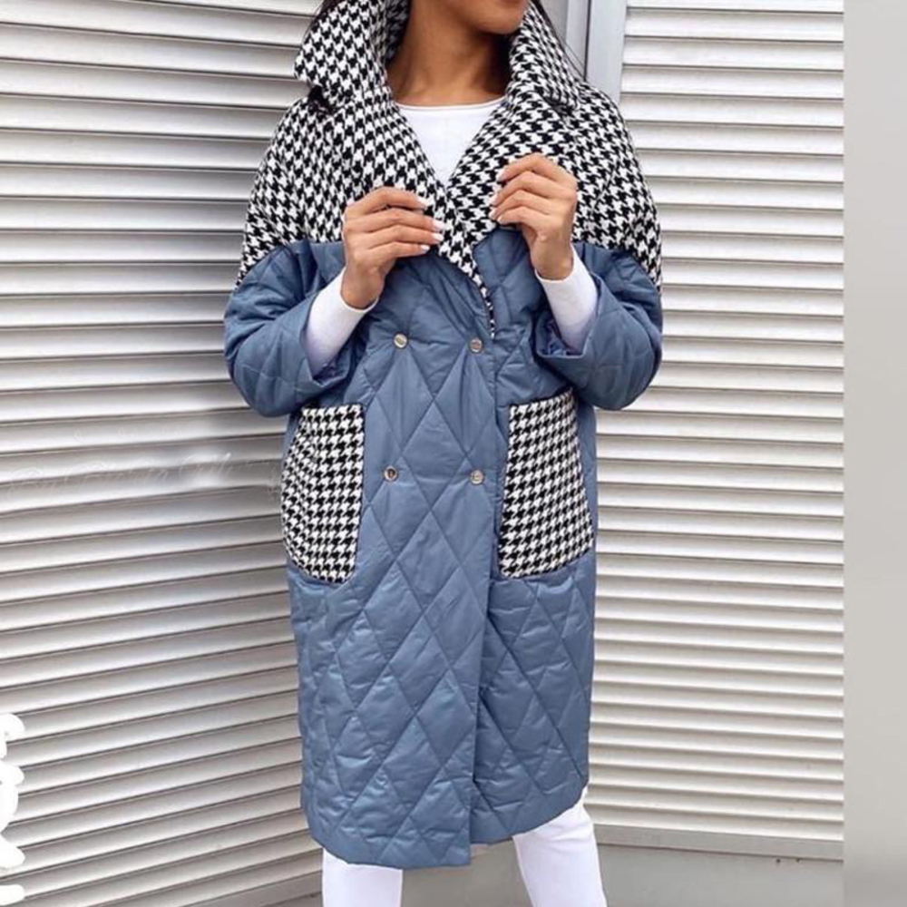 

Katara Turn Down Collar Parkas Fashion Patchwork Houndstooth Coats Women Elegant Long Cotton Jackets Female Ladies JP, Znpk1769lpurple