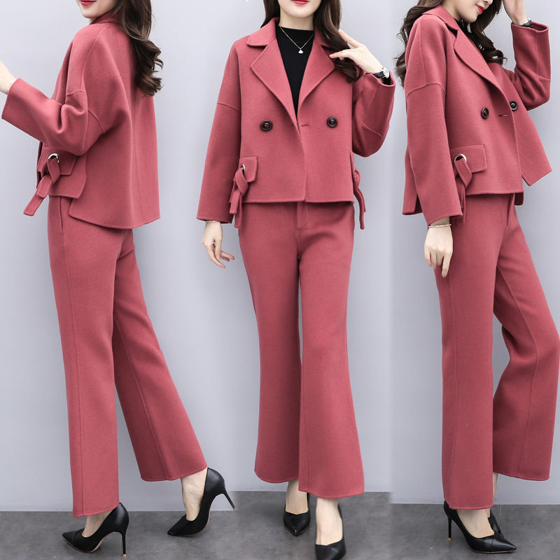

2021 New two pieces of wool women's clothing short coat and loose pants elegant suit red brick black sets y490 J3KH, Zhuang hong